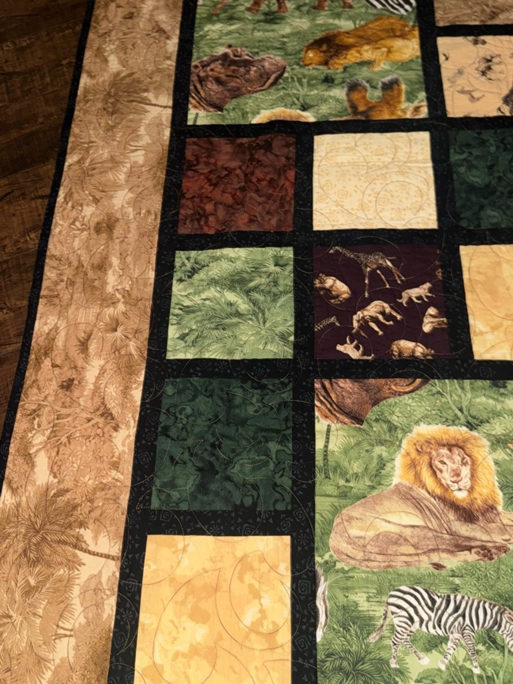 Safari Patchwork Quilted Throw - Green, Tan, Brown - Picture 9 of 9